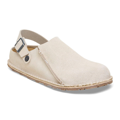 Birkenstock Lutry Premium Suede Shoe in Eggshell & Taupe Available in Narrow Widths