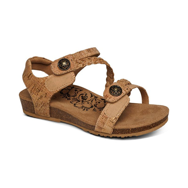 Aetrex Jillian Braided Quarter Strap Sandal in Silver, Walnut, Black & Cork