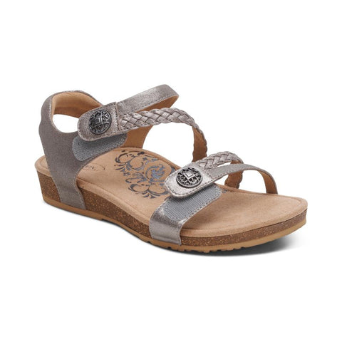 Aetrex Jillian Braided Quarter Strap Sandal in Silver, Walnut, Black & Cork