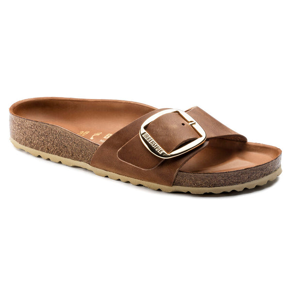 Birkenstock Madrid Big Buckle Sandal in Brown Oiled Leather & White Available in Narrow Widths