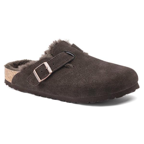 Birkenstock Boston Shearling Suede Leather in Taupe & Mocha in Narrow Widths