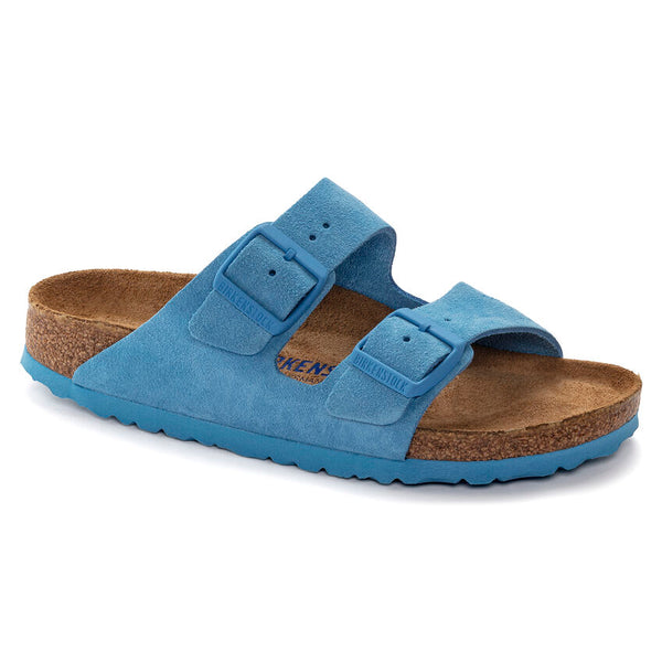 Birkenstock Arizona Soft Footbed in Sky Blue, Almond, Stone Coin Suede Leather, Russet Orange & Mountain View Green Available in Narrow Widths