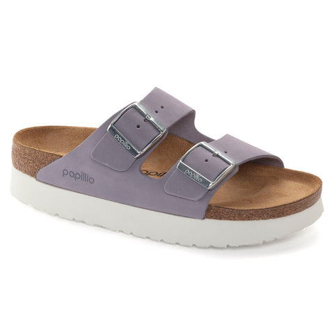 Birkenstock Arizona Platform Nubuck Leather in Dove Gray & Purple Fog