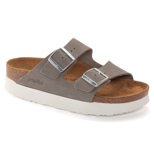 Birkenstock Arizona Platform Nubuck Leather in Soft Pink,  Eucalyptus, Dove Gray & Dark Tea in Narrow Widths