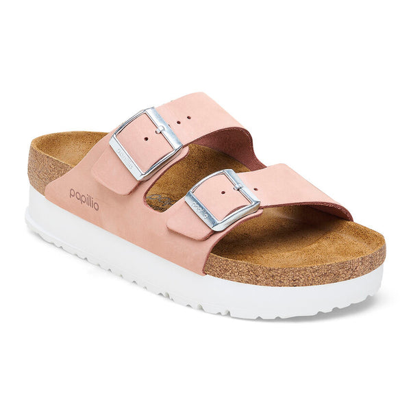 Birkenstock Arizona Platform Nubuck Leather in Soft Pink,  Eucalyptus, Dove Gray & Dark Tea in Narrow Widths