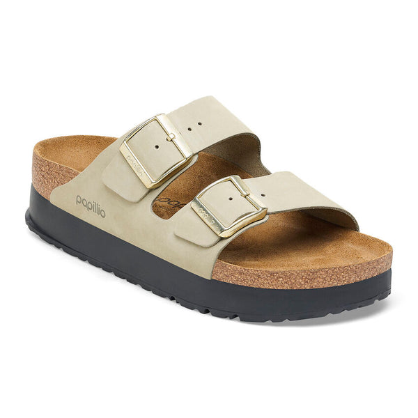 Birkenstock Arizona Platform Nubuck Leather in Soft Pink,  Eucalyptus, Dove Gray & Dark Tea in Narrow Widths