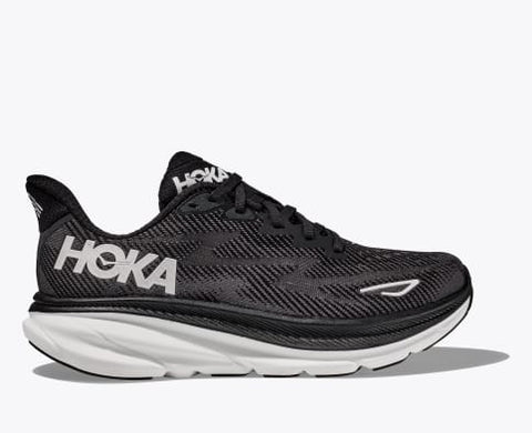 Hoka Women's Clifton 9 Running Shoe in Black/White Available in Wide Widths