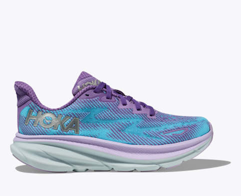Hoka Women's Clifton 9 Running Shoe in Vanilla/Astral, Black/Stellar Blue, Chalk Violet, Airy Blue & Black/Copper Available in Wide Widths
