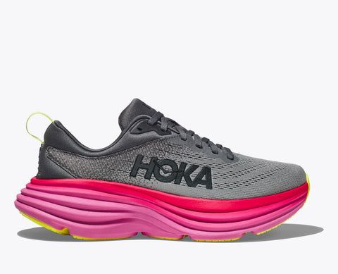 Hoka Women's Bondi 8 Cushioned Road Running Shoe in Castlerock/Strawberry, Violet, Coastal Sky/All Abroad, Black/White & Summer Song Available in Wide Widths