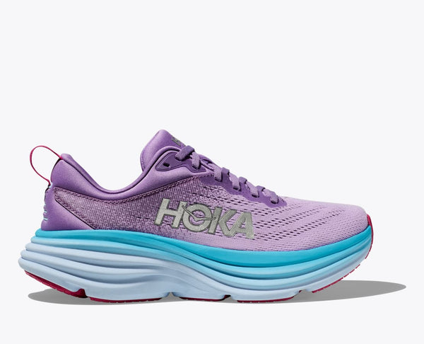 Hoka Women's Bondi 8 Cushioned Road Running Shoe in Castlerock/Strawberry, Violet, Coastal Sky/All Abroad, Black/White & Summer Song Available in Wide Widths