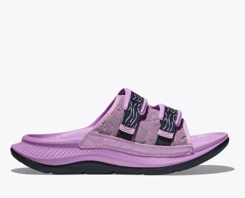 Hoka ORA Luxe Recovery Slide Sandal in Barley/Aqua, Violet & Black