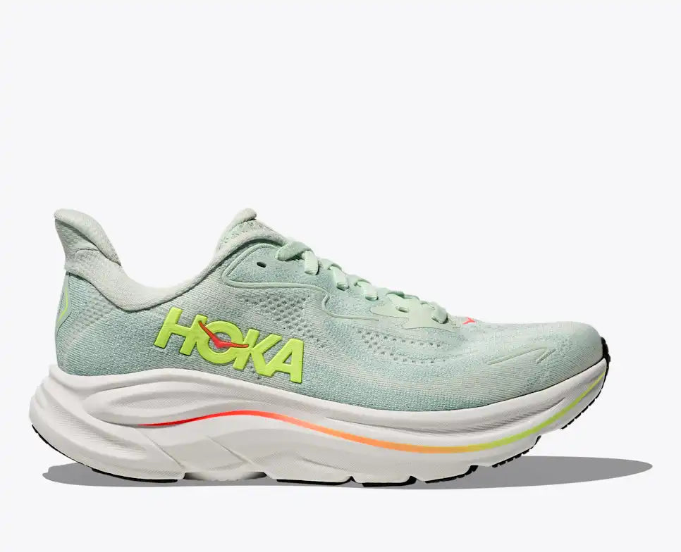 Hoka Women's Clifton 10 in SeaGlass/Neon/Frame. Grout/MineralBlue, Black/White, Vanilla/Birch, SkywardBlue/CieloBlue & Black Available in Wide Widths