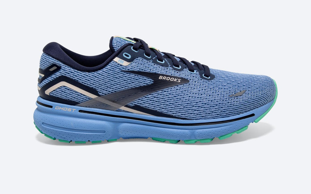 Brooks Ghost 15 Women's Running Shoe in Blue/Peacoat, Ebony Black Oyster & Peacock Pearl Available in Wide Widths