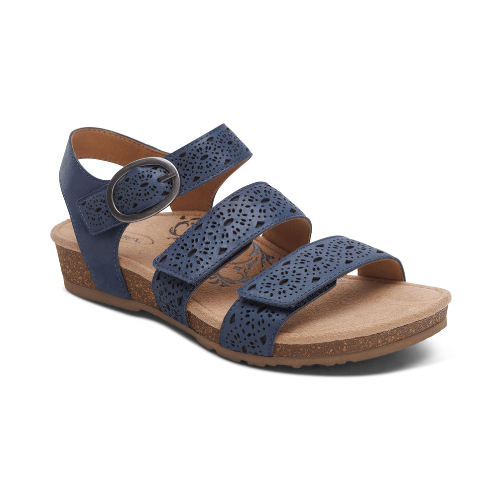Aetrex Lilly Adjustable Quarter Strap Sandal in Taupe & Navy