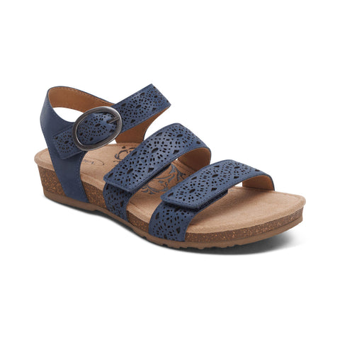 Aetrex Lilly Adjustable Quarter Strap Sandal in Taupe & Navy