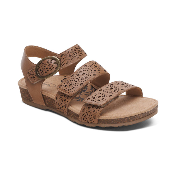 Aetrex Lilly Adjustable Quarter Strap Sandal in Taupe & Navy