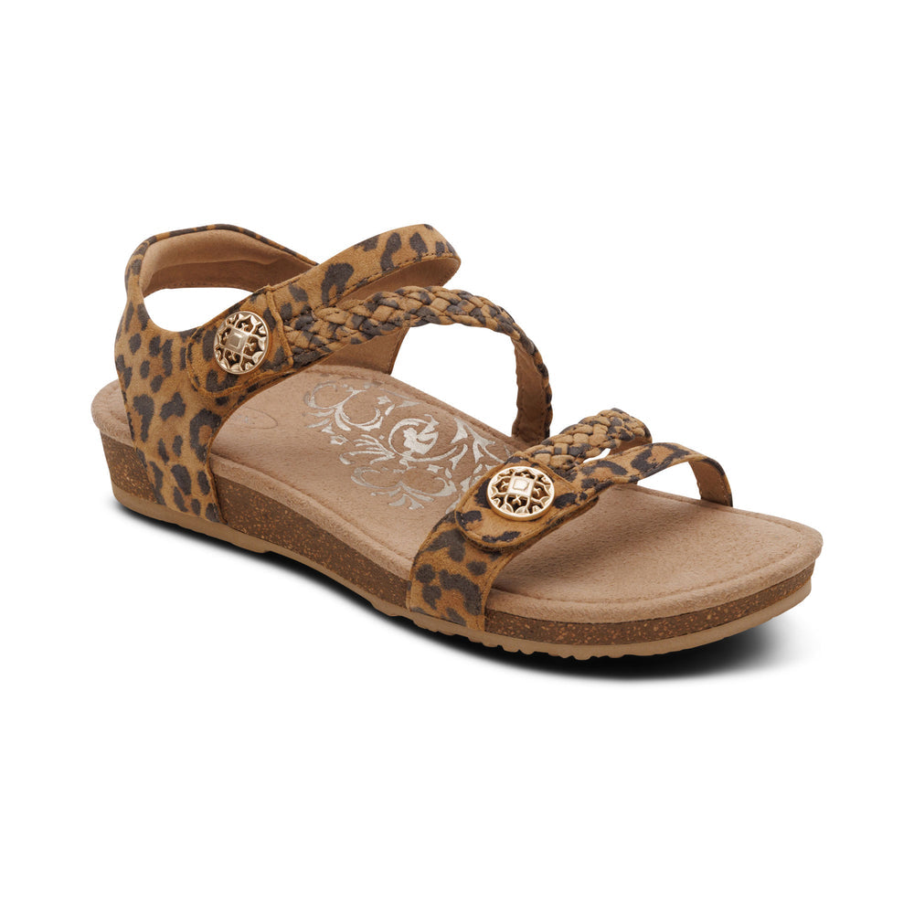 Aetrex Jillian Braided Quarter Strap Sandal in Walnut, Black, Leopard & Cork