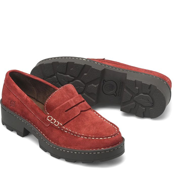 Born Carrera Penny Loafer in Red Suede & Burgundy Leather