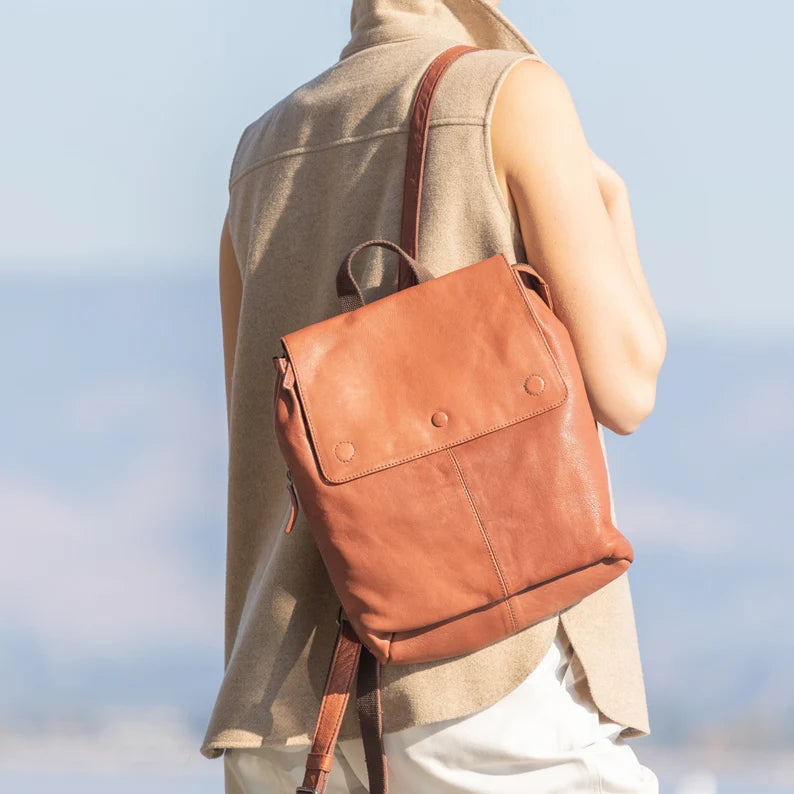 brown leather backpack with black shoes Keaan Aria Medium Leather Backpack in Cognac & Black