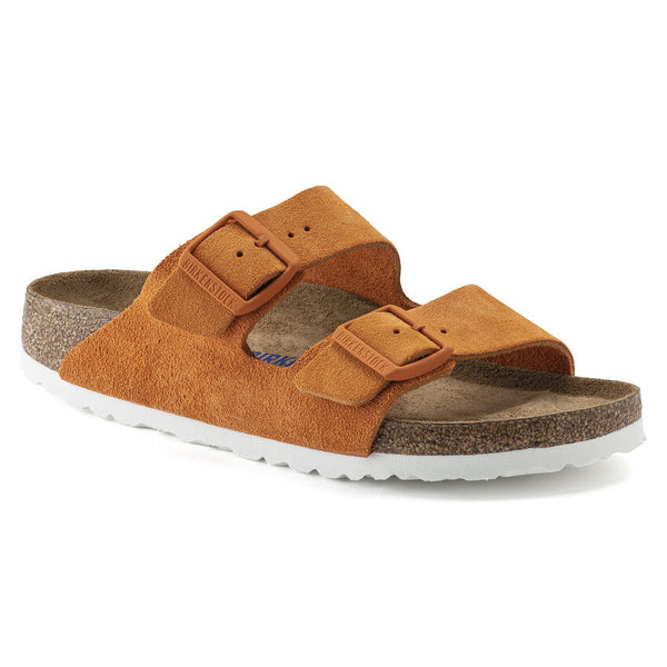 Birkenstock Arizona Soft Footbed in Sky Blue, Almond, Stone Coin Suede Leather, Russet Orange & Mountain View Green Available in Narrow Widths