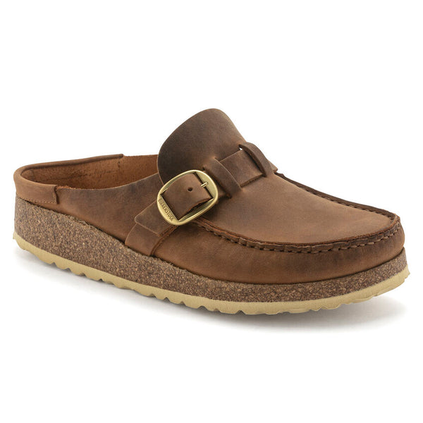 Birkenstock Buckley in Grey. Cognac, Black Leather, Black Suede, Gray Taupe, White, Navy & Soft Pink in Narrows