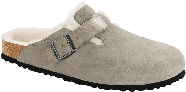 Birkenstock Boston Shearling Suede Leather in Taupe & Mocha in Narrow Widths