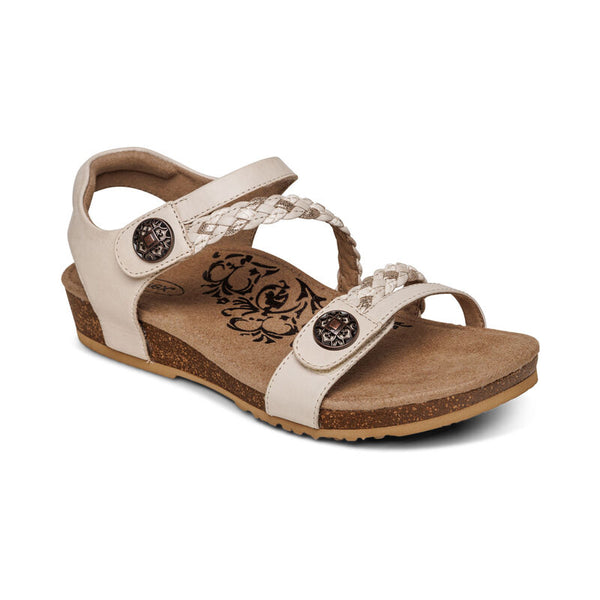 Aetrex Jillian Braided Quarter Strap Sandal in Ivory, Black, Rose & Cork